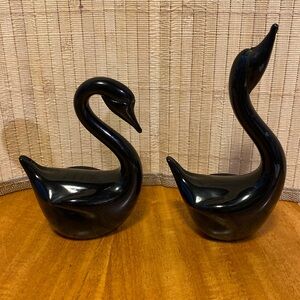 Vintage Hallmark Crowning Touch Pair of Blown Glass Swans Black Glass